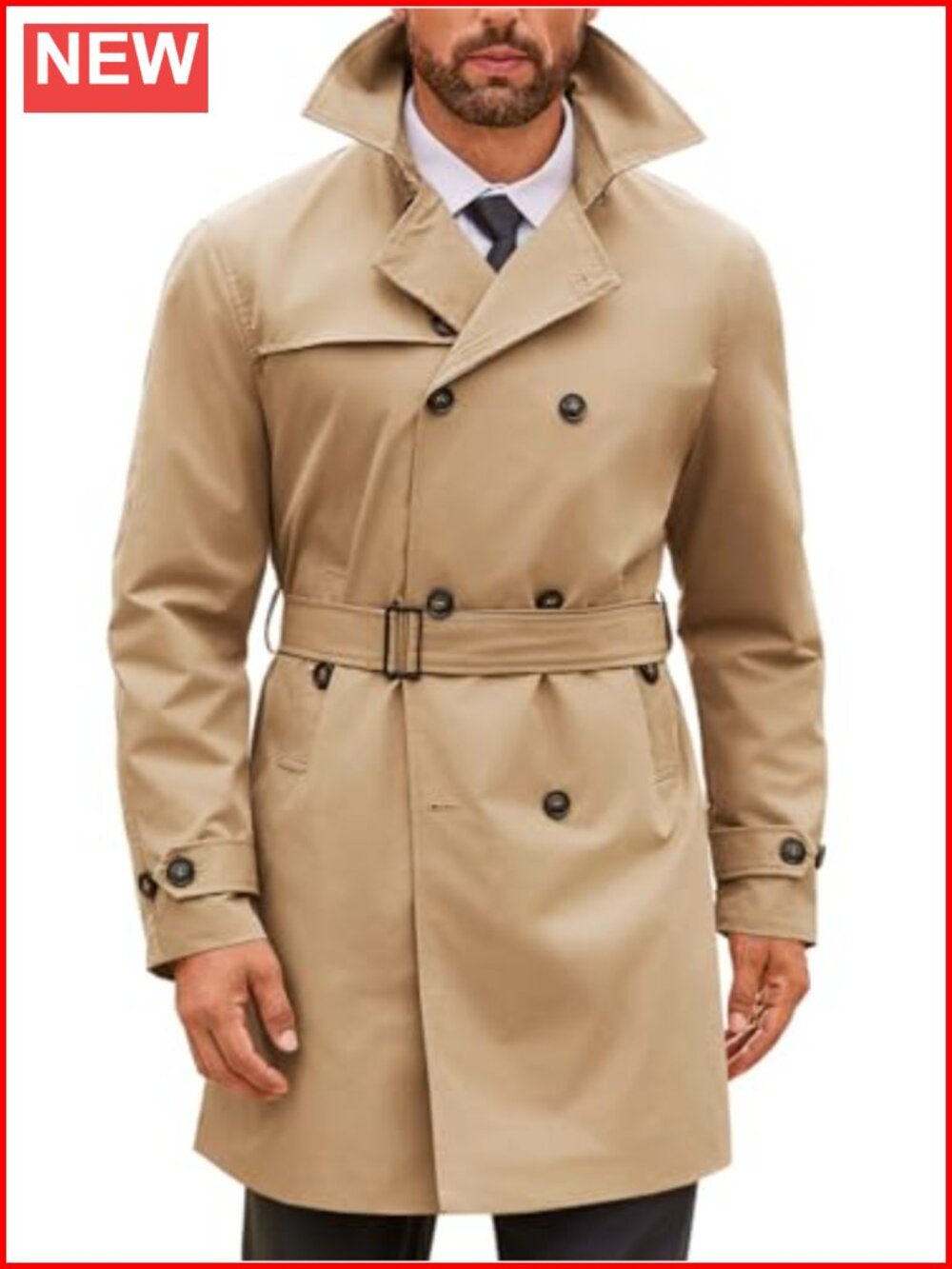 Mens Double Breasted Trench Coat Notched Lapel Slim Fit Windbreaker Belted